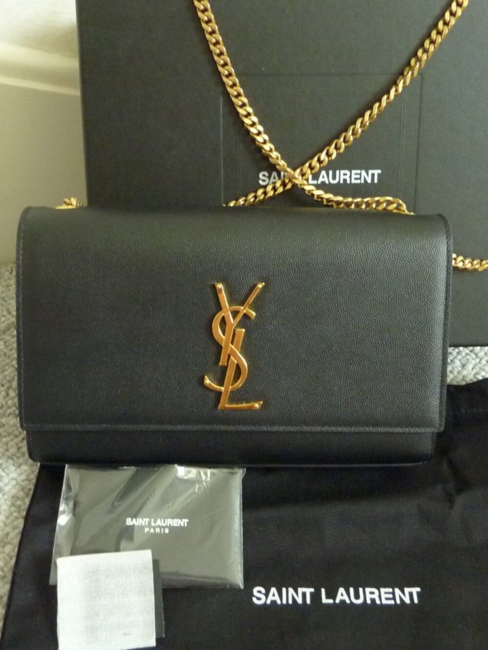 $2450 Saint Laurent YSL Kate Medium Grain De Poudre Black w/ Gold Hardware
